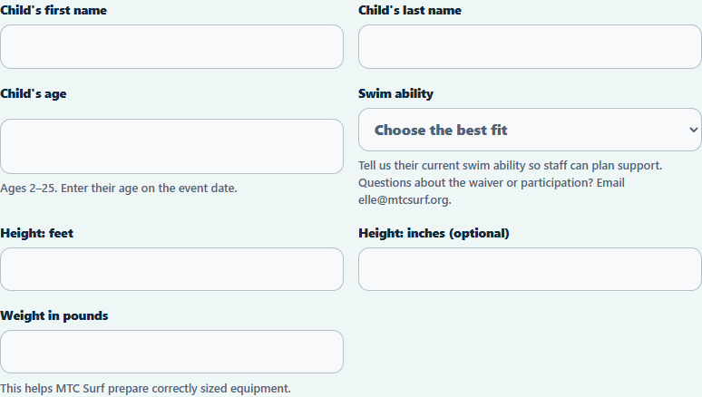 Empty Child 1 registration card showing blank fields for the child's name, age, swim ability, height, and weight.