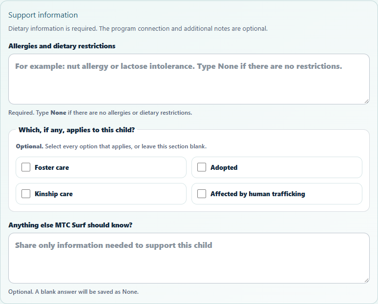 Support information fields with required allergies and dietary restrictions, optional additional support, and optional child-context choices.