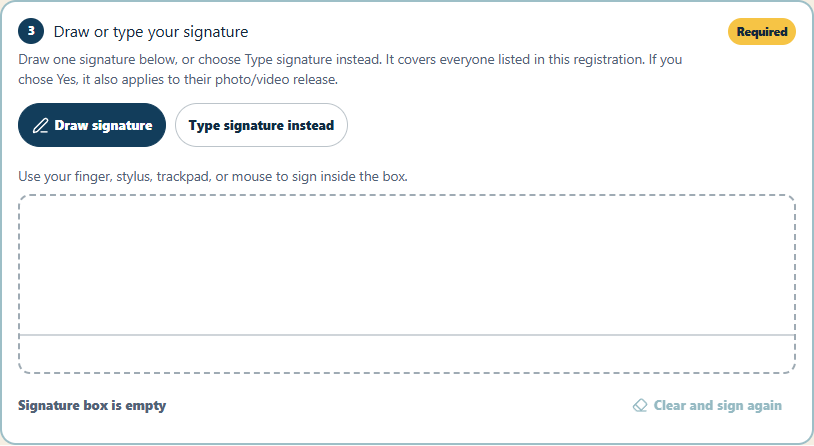Registration signature step showing an empty drawing box and the Type signature instead option.